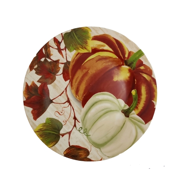 Stoneware S/4 Dinner Harvest Fall Plates 10.5 Pumpkins Floral Print - Picture 1 of 4